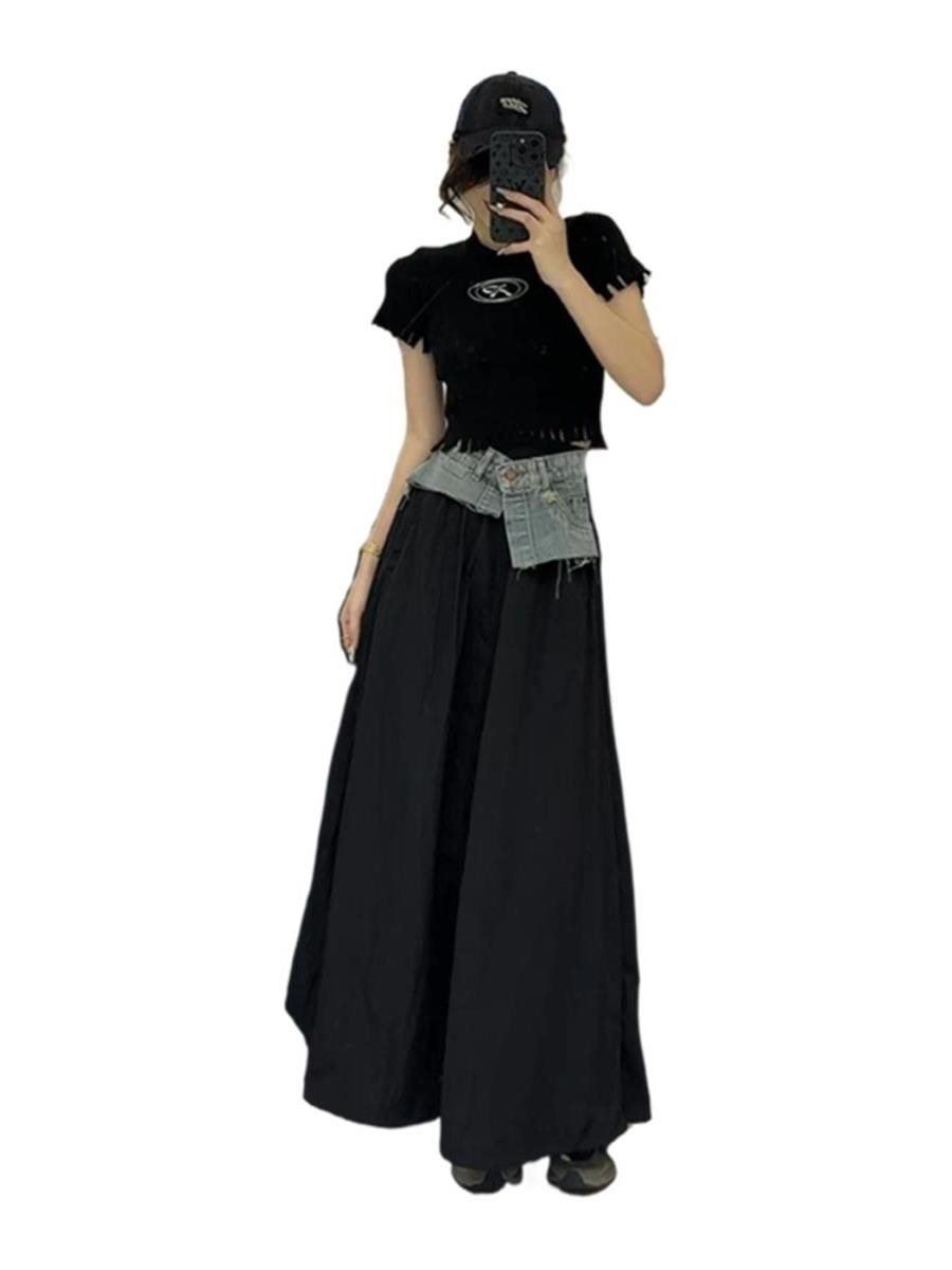 Design Sense Black Stitching Contrast Color Denim Skirt Women's Summer High Waist Slim Irregular Medium Length A-line Skirt