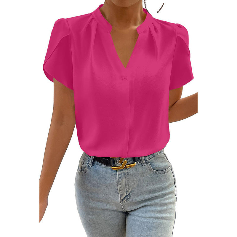 Solid Color Pullover V-neck Chiffon Shirt For Women