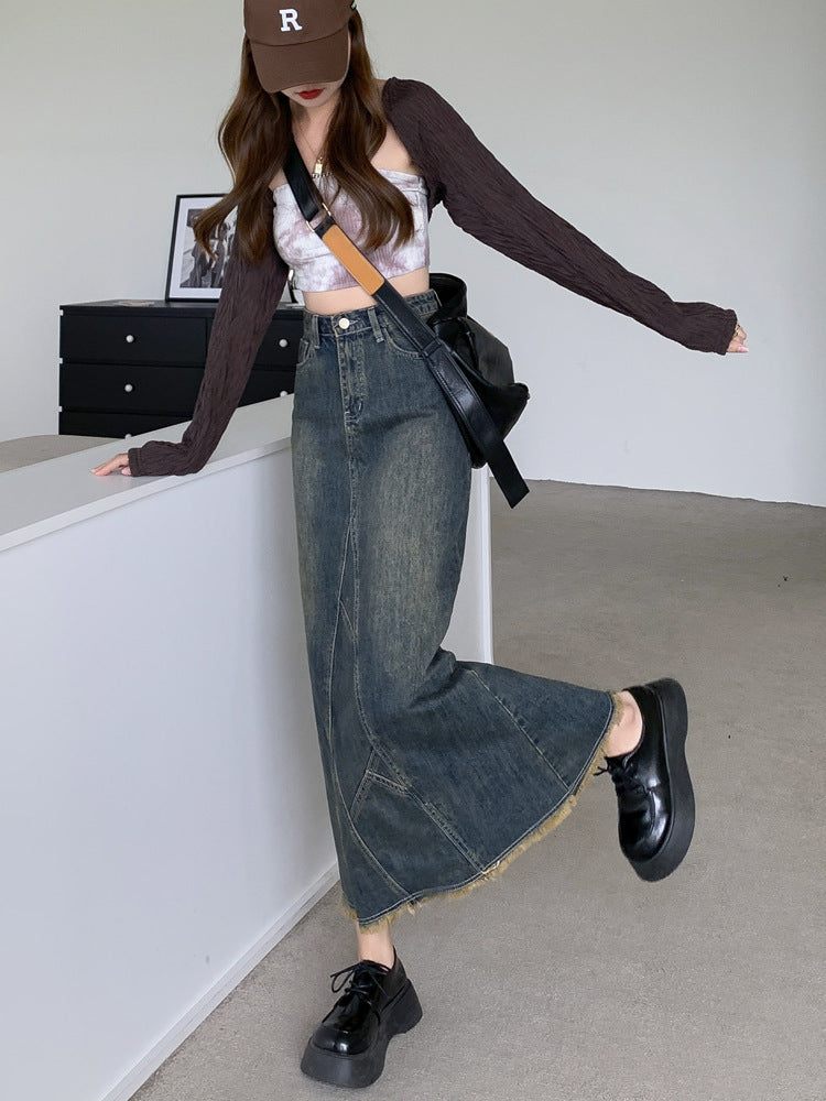 Niche Hot Girl Design Lotus Leaf Hip Fishtail Skirt Women's High Waist Slit Denim Skirt