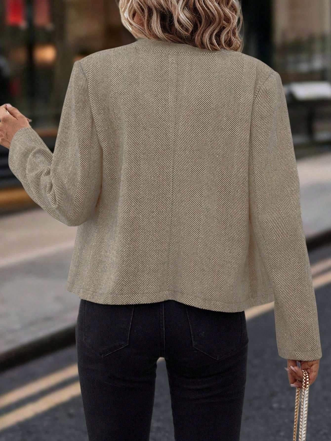 Spring And Autumn Leisure, Commuting Outfit, Herringbone Coat, Round Neck Long Sleeve Fitted Jacket, Double-breasted Metal Buttons.