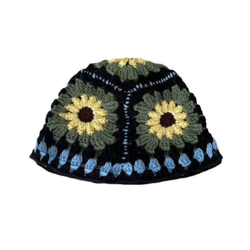 Japanese-style Retro Hollow Flower Handmade Knitted Bucket Hat Women