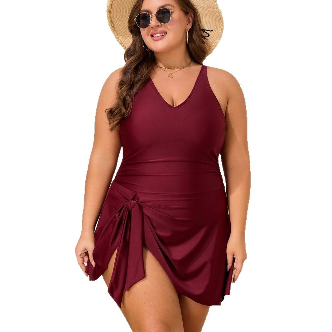 Solid Color Dress Style Women's Plus-sized Swimsuit