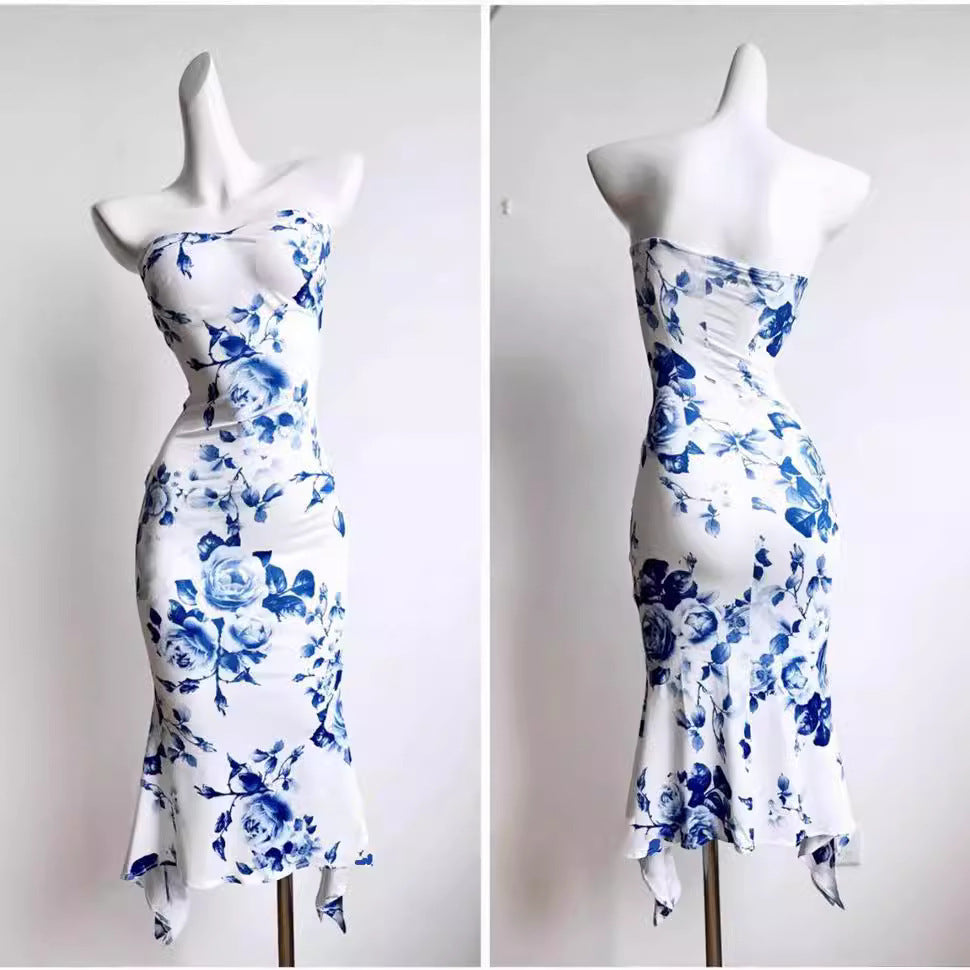 Print Tube Top Dress Blue And White Porcelain Sheath Fishtail Skirt