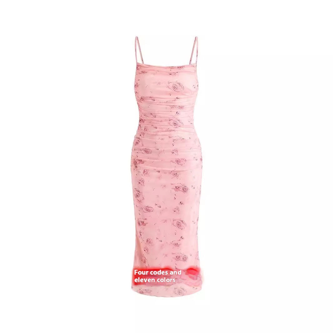 Slim-fit Pleated Elegant Mesh Floral Print Sexy Suspender Dress