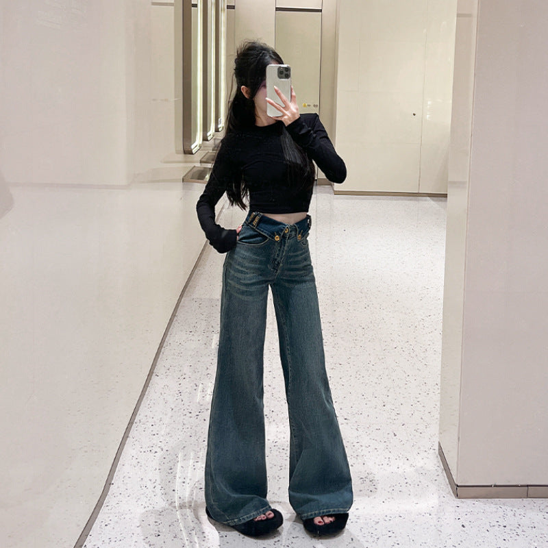 Retro Blue Flared Straight Jeans For Women Autumn And Winter Slimming Pear-shaped Body Pants