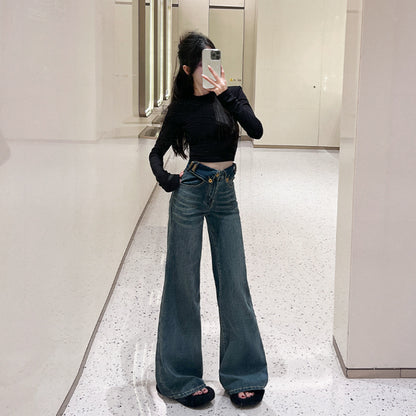 Retro Blue Flared Straight Jeans For Women Autumn And Winter Slimming Pear-shaped Body Pants