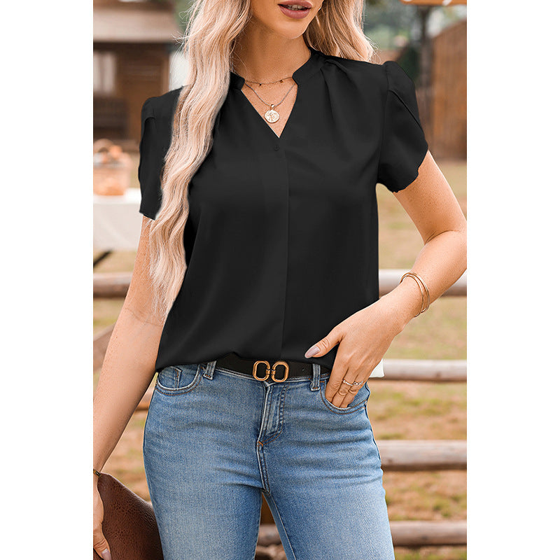 Solid Color Pullover V-neck Chiffon Shirt For Women