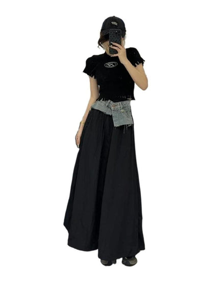 Design Sense Black Stitching Contrast Color Denim Skirt Women's Summer High Waist Slim Irregular Medium Length A-line Skirt
