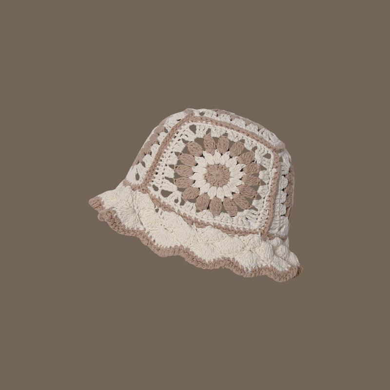 Handmade Design Double Color Hollow Basin Hat Women''s Japanese Knitted Crochet Bucket Hat Korean Wool Fisherman Hat