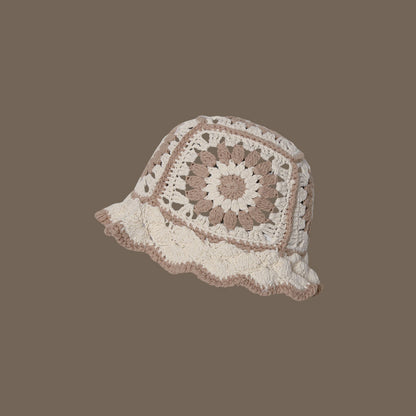 Handmade Design Double Color Hollow Basin Hat Women''s Japanese Knitted Crochet Bucket Hat Korean Wool Fisherman Hat