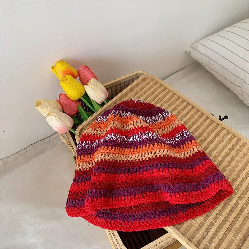 Japanese-style Retro Hollow Flower Handmade Knitted Bucket Hat Women