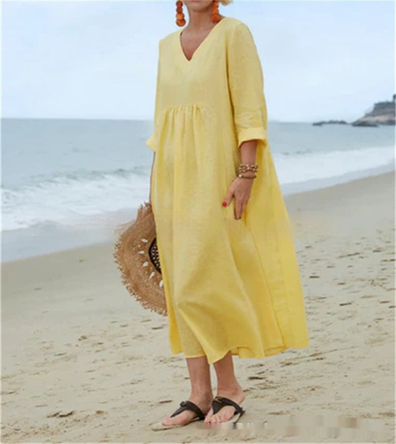 Cotton And Linen V-neck Loose Fashion Solid Color Long Sleeve Dress