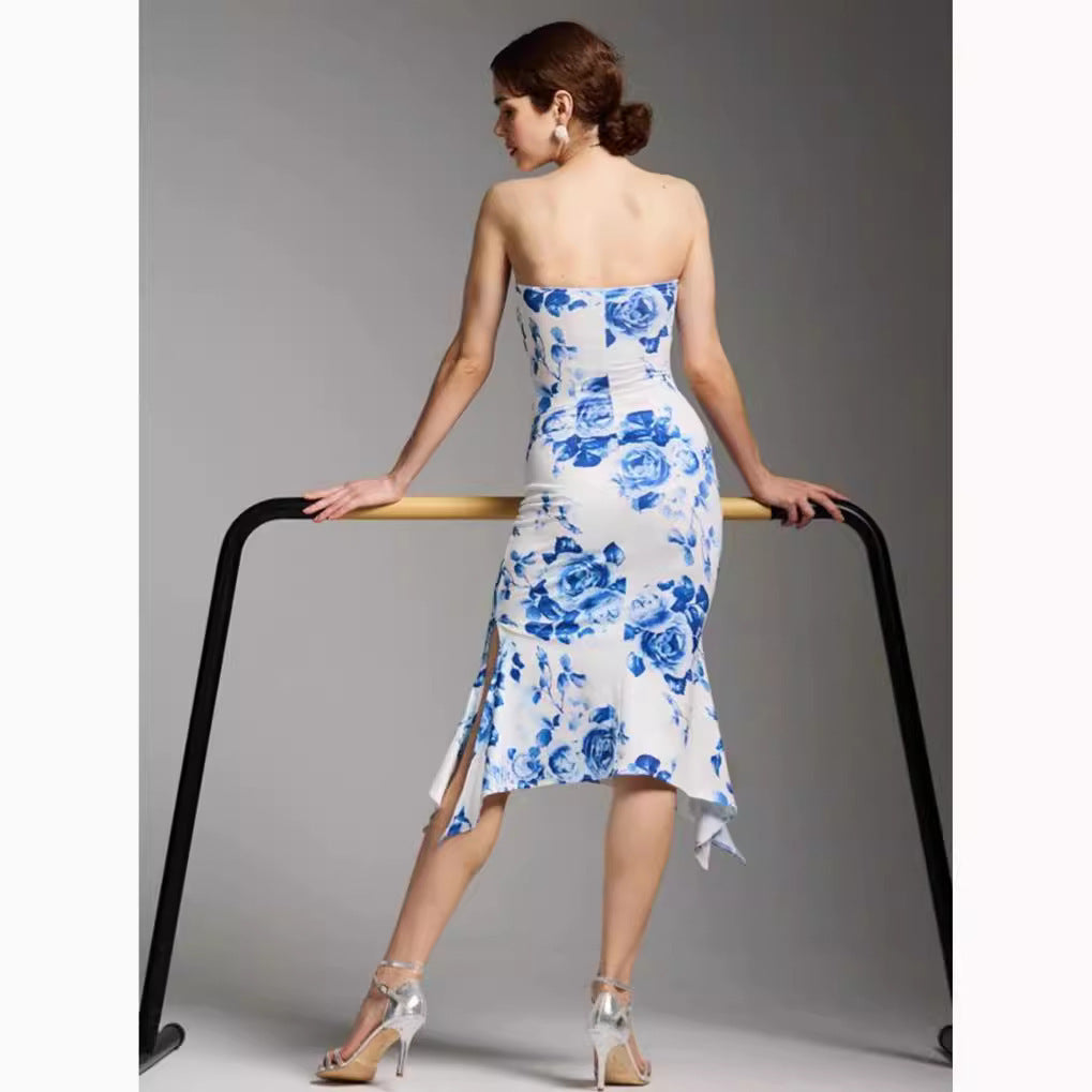 Print Tube Top Dress Blue And White Porcelain Sheath Fishtail Skirt