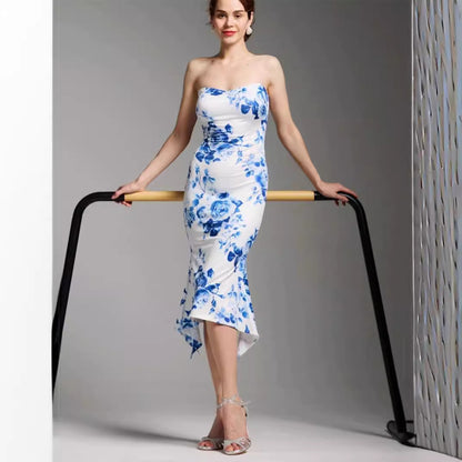 Print Tube Top Dress Blue And White Porcelain Sheath Fishtail Skirt