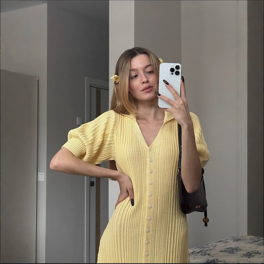 Bubble Sleeve Single-breasted Dress Lemon Yellow Retro Women