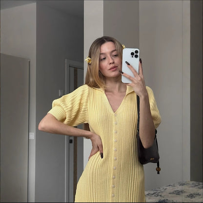 Bubble Sleeve Single-breasted Dress Lemon Yellow Retro Women