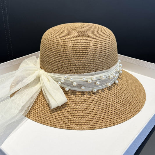 Braided Pearl Mesh Sunshade Straw Hat