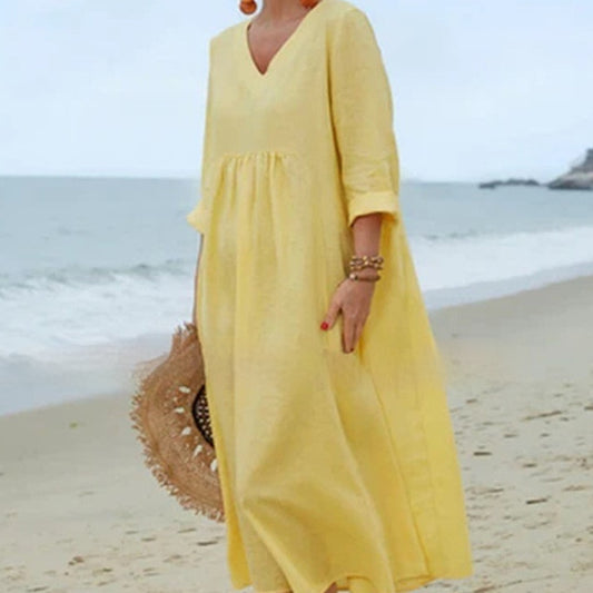 Cotton And Linen V-neck Loose Fashion Solid Color Long Sleeve Dress