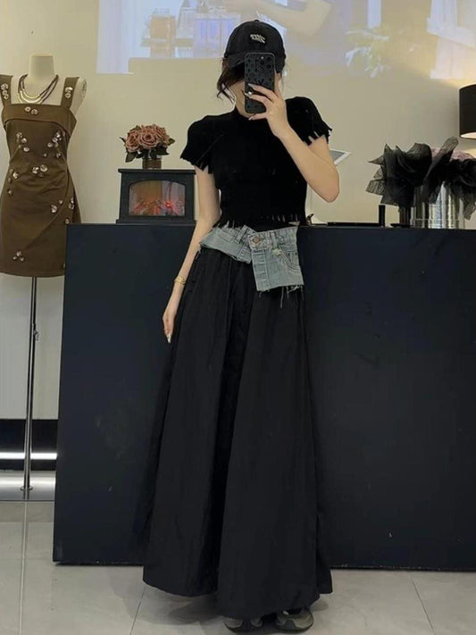 Design Sense Black Stitching Contrast Color Denim Skirt Women's Summer High Waist Slim Irregular Medium Length A-line Skirt