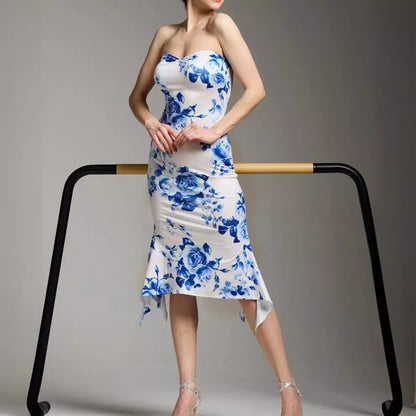 Print Tube Top Dress Blue And White Porcelain Sheath Fishtail Skirt