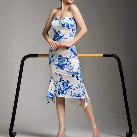Print Tube Top Dress Blue And White Porcelain Sheath Fishtail Skirt