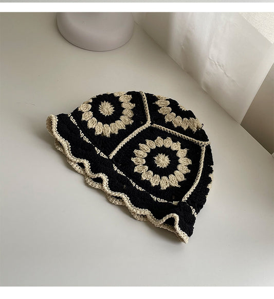 Handmade Design Double Color Hollow Basin Hat Women''s Japanese Knitted Crochet Bucket Hat Korean Wool Fisherman Hat