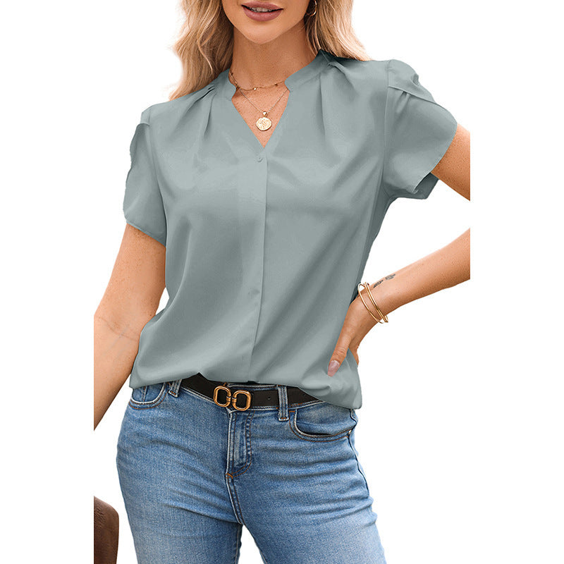 Solid Color Pullover V-neck Chiffon Shirt For Women