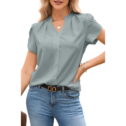 Solid Color Pullover V-neck Chiffon Shirt For Women
