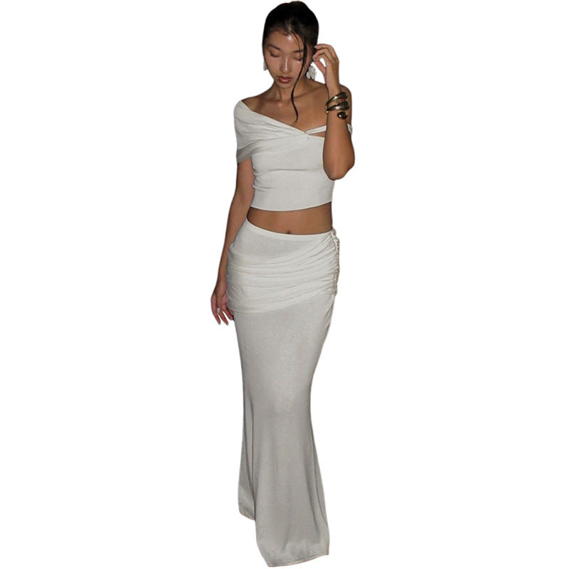 Solid Color Creative Slim-fit Oblique Shoulder Long Dress Suit Women