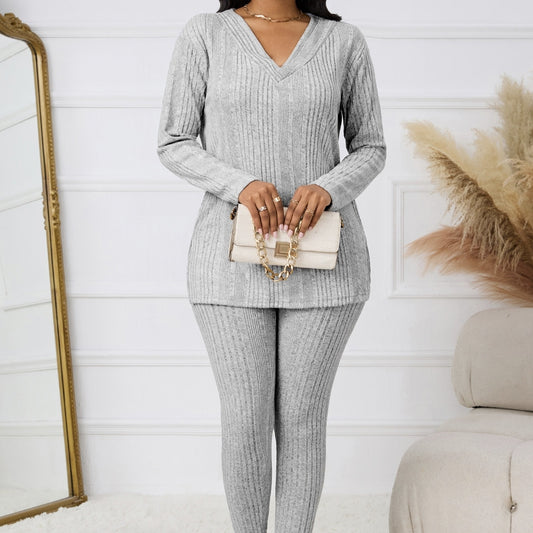 Women's Knitted V-neck Top With Split Hem Details, Versatile Two-piece Set