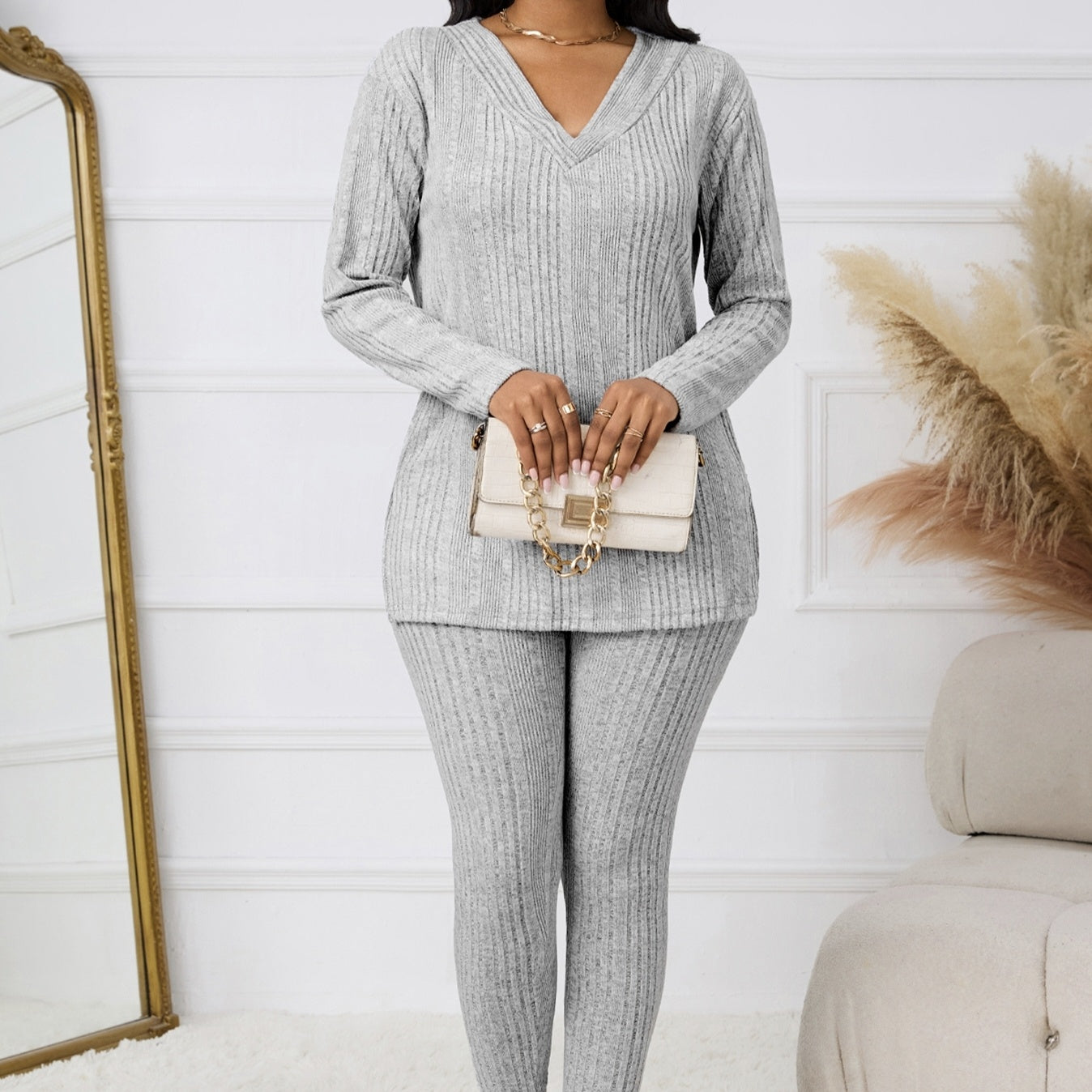 Women's Knitted V-neck Top With Split Hem Details, Versatile Two-piece Set
