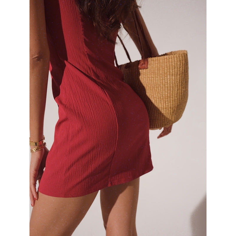 Woven Texture V-neck Sleeveless Short Women's Dress