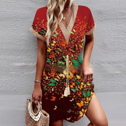 Printed Short Sleeve Lace V-neck Tight Waist Dress