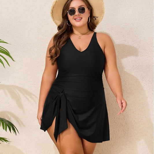 Solid Color Dress Style Women's Plus-sized Swimsuit