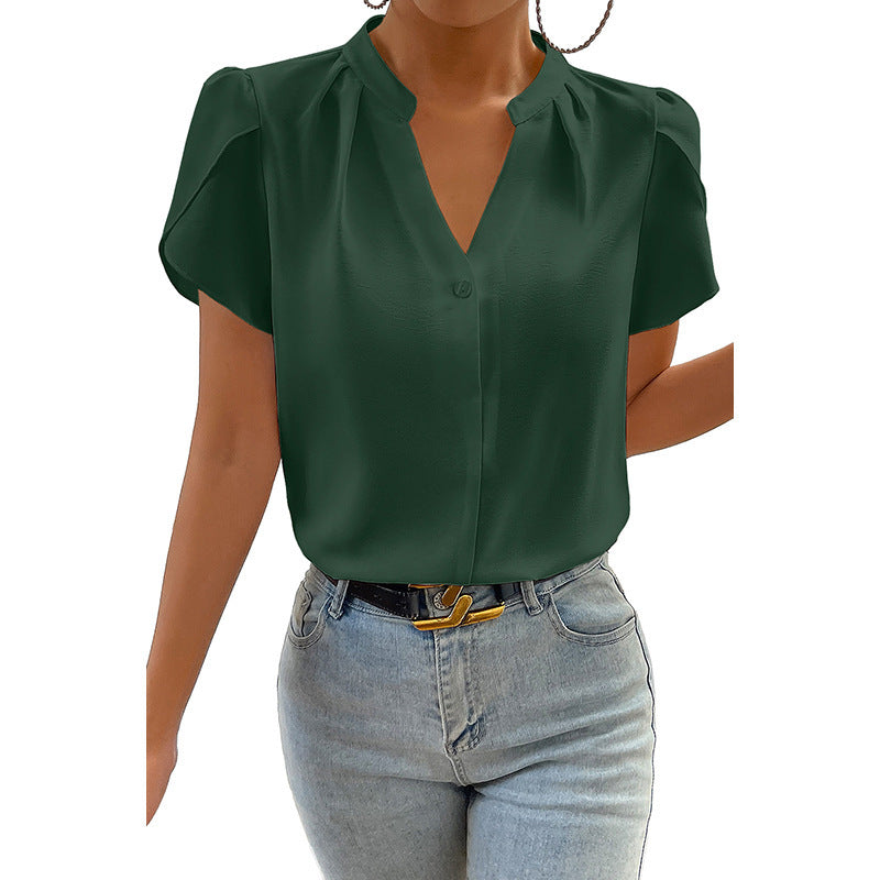 Solid Color Pullover V-neck Chiffon Shirt For Women