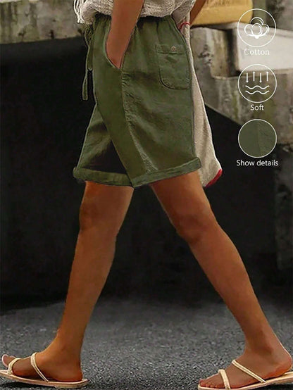 Solid Color Drawstring Shorts With Pockets, Summer Casual Wear