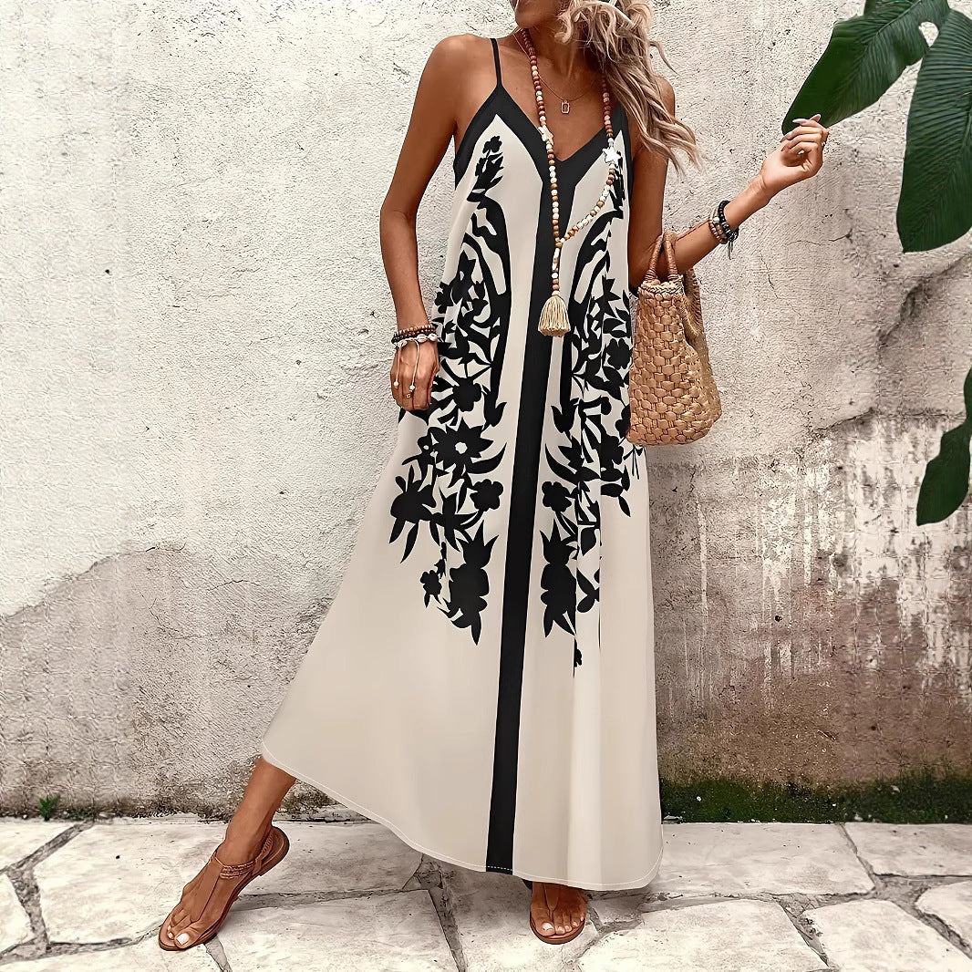 Spaghetti Straps Sleeveless Casual New Women's Printed Long Dress