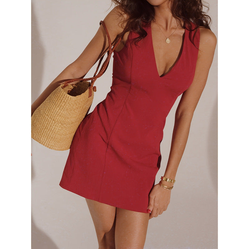 Woven Texture V-neck Sleeveless Short Women's Dress