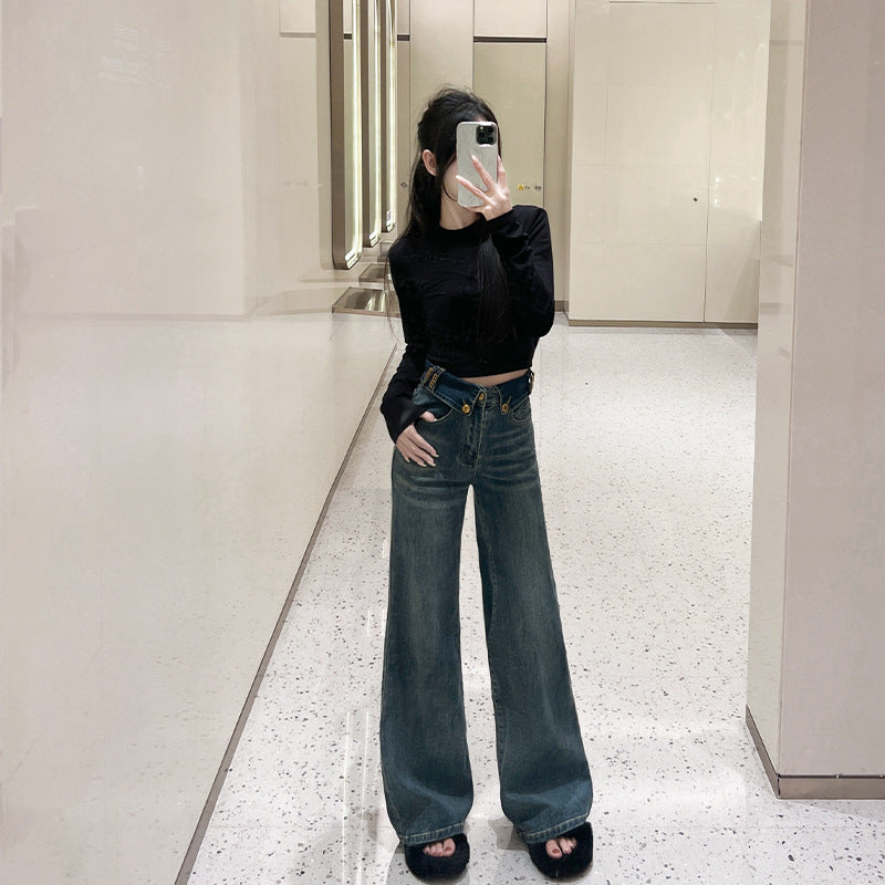 Retro Blue Flared Straight Jeans For Women Autumn And Winter Slimming Pear-shaped Body Pants