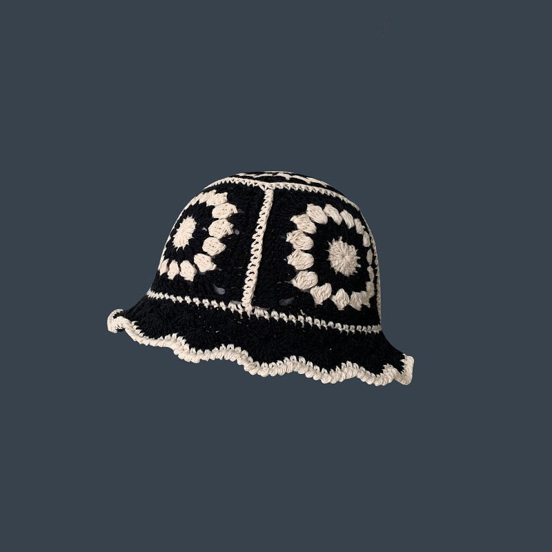 Japanese-style Retro Hollow Flower Handmade Knitted Bucket Hat Women