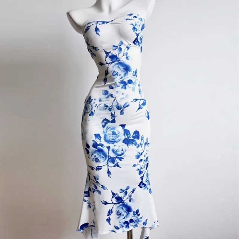 Print Tube Top Dress Blue And White Porcelain Sheath Fishtail Skirt