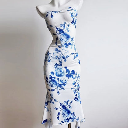Print Tube Top Dress Blue And White Porcelain Sheath Fishtail Skirt