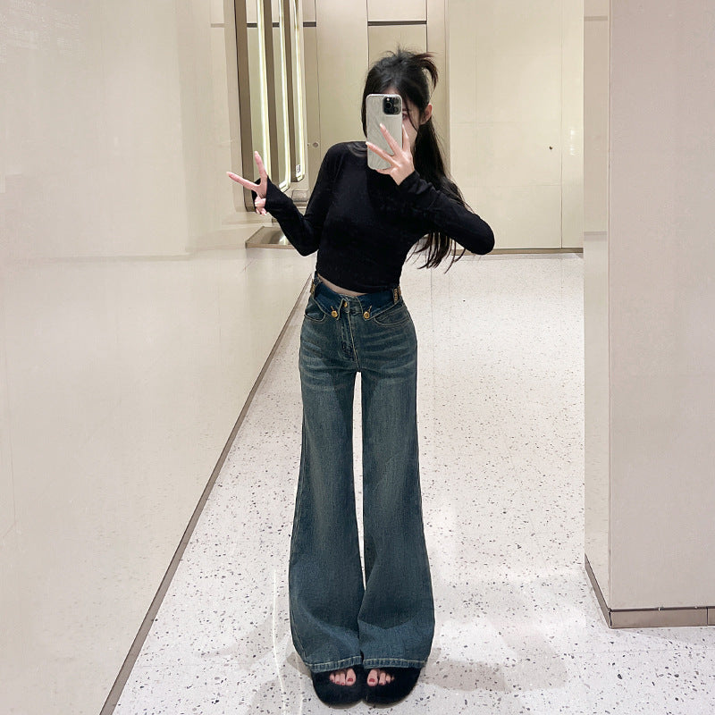 Retro Blue Flared Straight Jeans For Women Autumn And Winter Slimming Pear-shaped Body Pants