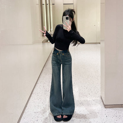 Retro Blue Flared Straight Jeans For Women Autumn And Winter Slimming Pear-shaped Body Pants