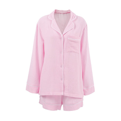 Women's Cotton Stitching Cardigan Pajamas Suit Long Sleeve Shorts Homewear