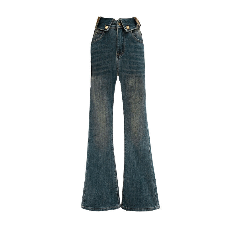 Retro Blue Flared Straight Jeans For Women Autumn And Winter Slimming Pear-shaped Body Pants