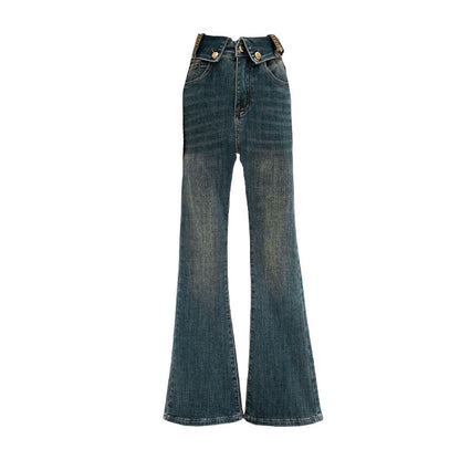Retro Blue Flared Straight Jeans For Women Autumn And Winter Slimming Pear-shaped Body Pants
