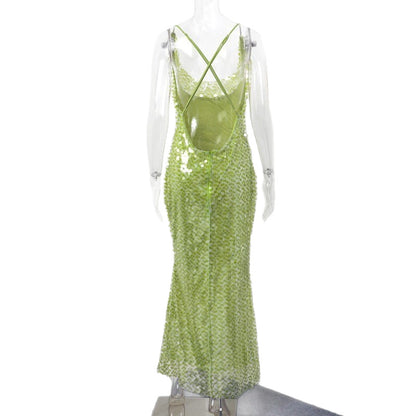 Sling Slim-fit Sequined Backless Long Dress Skirt Sexy Pure Desire