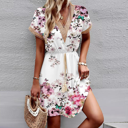 Printed Short Sleeve Lace V-neck Tight Waist Dress