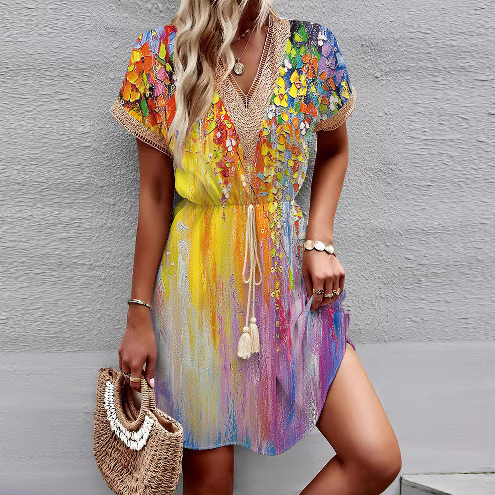 Printed Short Sleeve Lace V-neck Tight Waist Dress